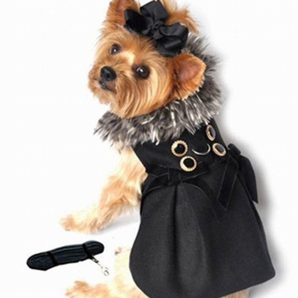 PRICE REDUCED! Scrumptious Black Wool Faux Fur-Trimmed Dog Coat Harness NWT